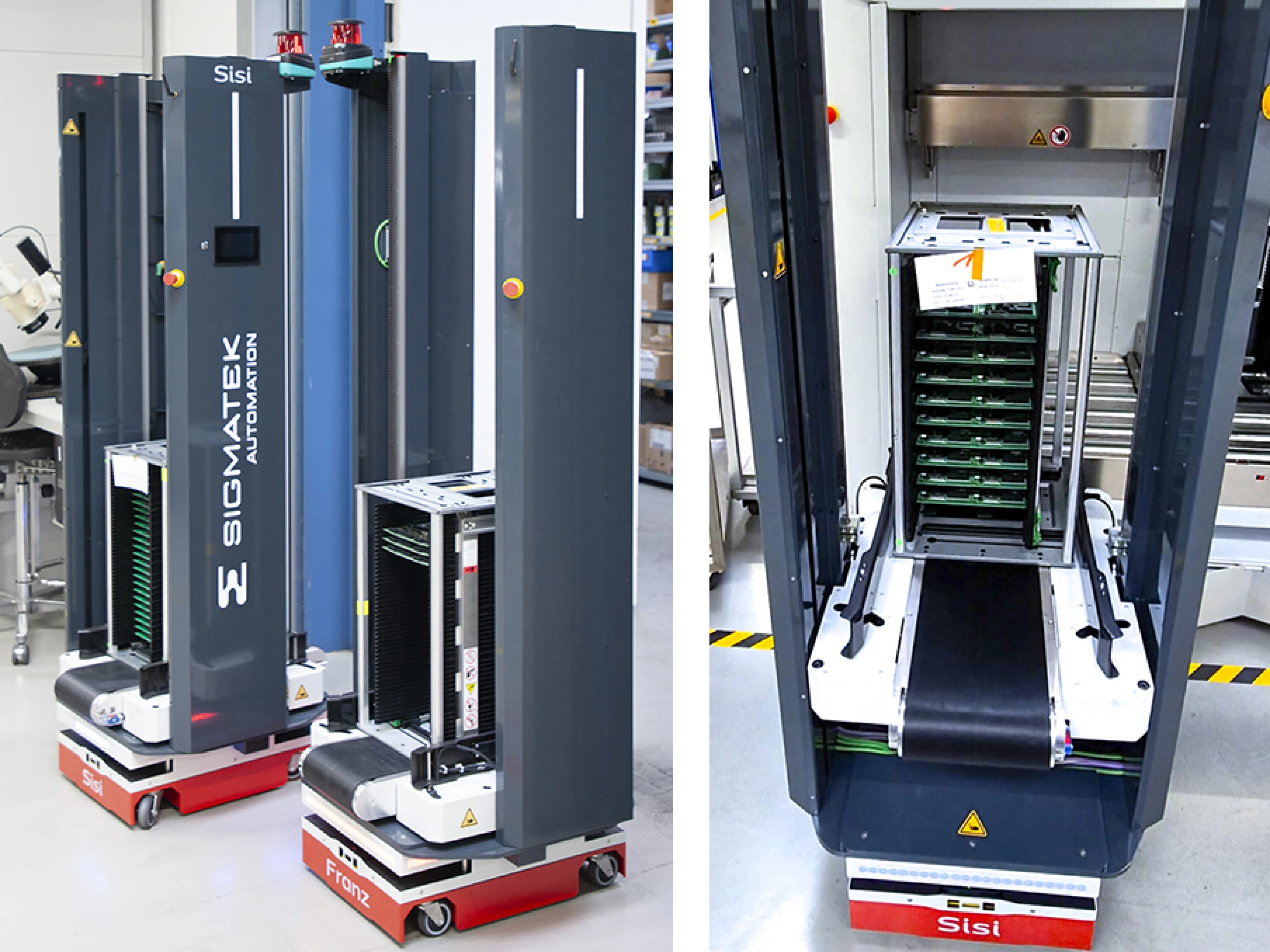 (li.) Mit viel Effizienz sorgen zwei AGVs für einen automatisierten Workflow in der Sigmatek-Logistik. (re.) Dank integriertem Förderband- und Liftsystem übergeben Sisi und Franz ihre Ladung flexibel auf verschiedenen Höhen, Bild: Sigmatek (li.) Mit viel Effizienz sorgen zwei AGVs für einen automatisierten Workflow in der Sigmatek-Logistik. (re.) Dank integriertem Förderband- und Liftsystem übergeben Sisi und Franz ihre Ladung flexibel auf verschiedenen Höhen
